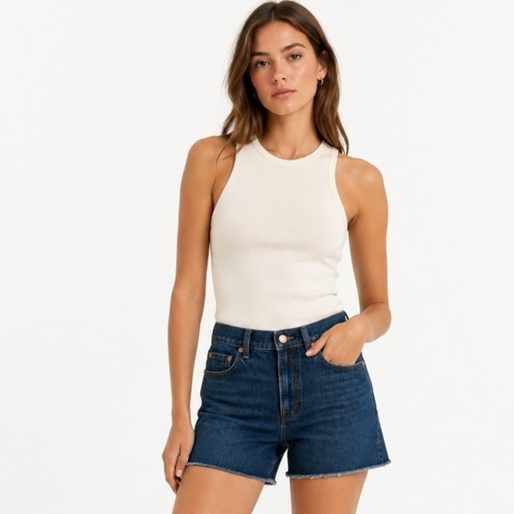 Everlane The Denim Short Organic Cotton Dark Indigo Raw Hem Size 27‎